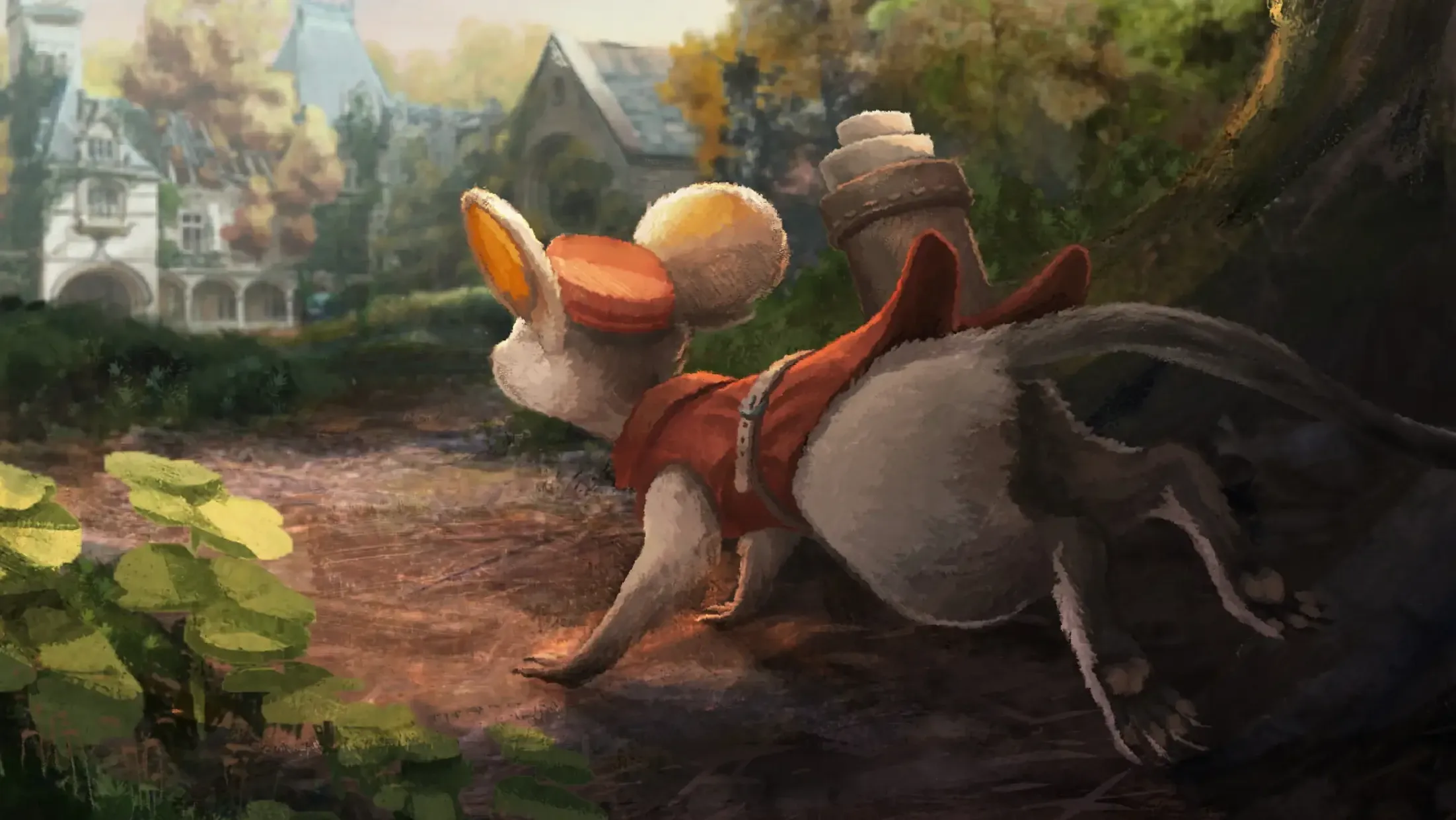 Postmouse key art: a mouse with a mailbag on a forest path near an old mansion